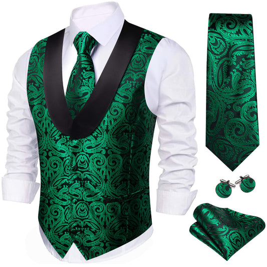 Forest Green Paisley Shawl Collar Silk Vest Set vest set S (Chest 40")   - Sophisticated Gentlemen