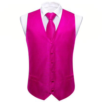 Magenta Pink Solid Silk V Neck Collar Vest Set vest set    - Sophisticated Gentlemen