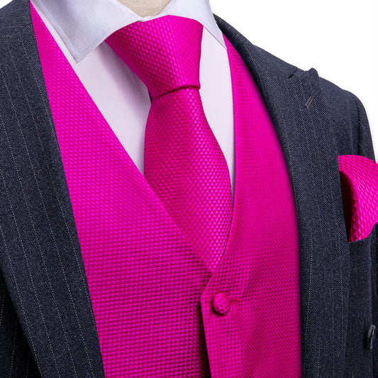 Magenta Pink Solid Silk V Neck Collar Vest Set vest set S (Chest 40")   - Sophisticated Gentlemen