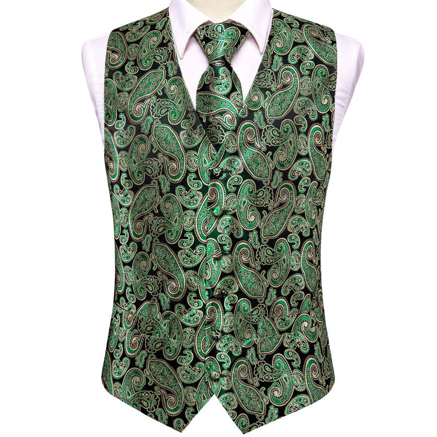 Black Green Paisley Jacquard Silk Vest Set vest set    - Sophisticated Gentlemen