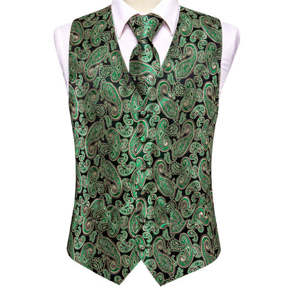 Black Green Paisley Jacquard Silk Vest Set vest set    - Sophisticated Gentlemen