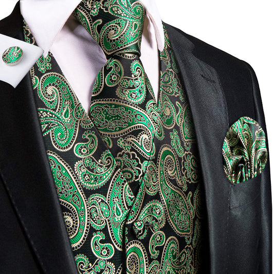 Black Green Paisley Jacquard Silk Vest Set vest set S (Chest 40")   - Sophisticated Gentlemen