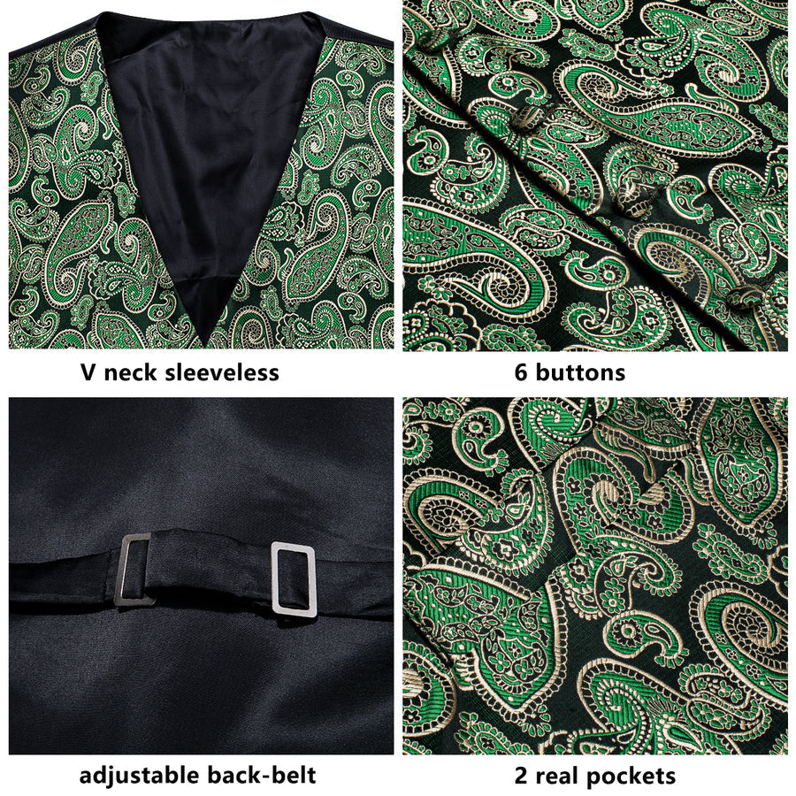Black Green Paisley Jacquard Silk Vest Set vest set    - Sophisticated Gentlemen