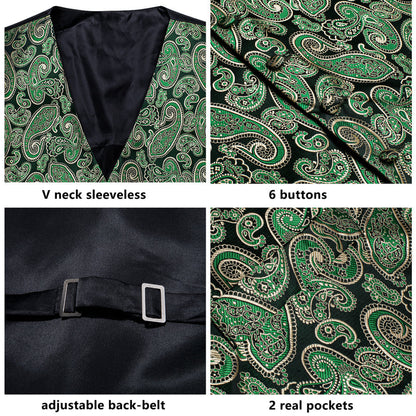 Black Green Paisley Jacquard Silk Vest Set vest set    - Sophisticated Gentlemen