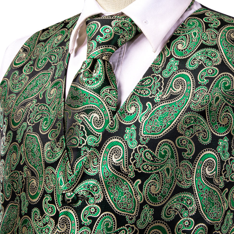 Black Green Paisley Jacquard Silk Vest Set vest set    - Sophisticated Gentlemen