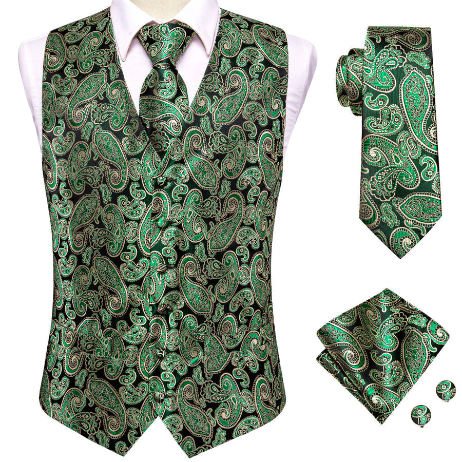Black Green Paisley Jacquard Silk Vest Set vest set    - Sophisticated Gentlemen