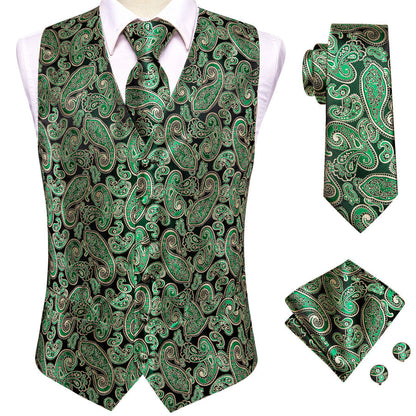 Black Green Paisley Jacquard Silk Vest Set vest set    - Sophisticated Gentlemen