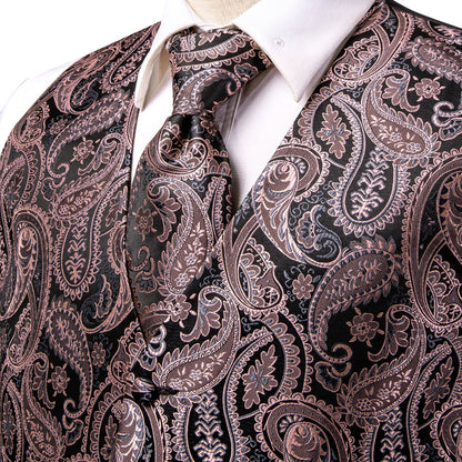 Black and Pink Paisley Silk Vest Set vest set    - Sophisticated Gentlemen