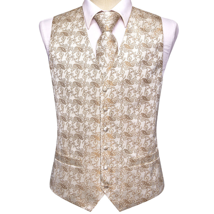 New Champagne White Paisley Jacquard Silk Vest Set vest set    - Sophisticated Gentlemen