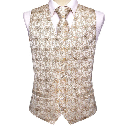 New Champagne White Paisley Jacquard Silk Vest Set vest set    - Sophisticated Gentlemen