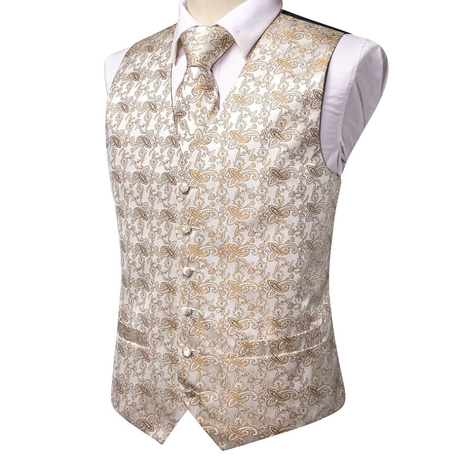 New Champagne White Paisley Jacquard Silk Vest Set vest set    - Sophisticated Gentlemen