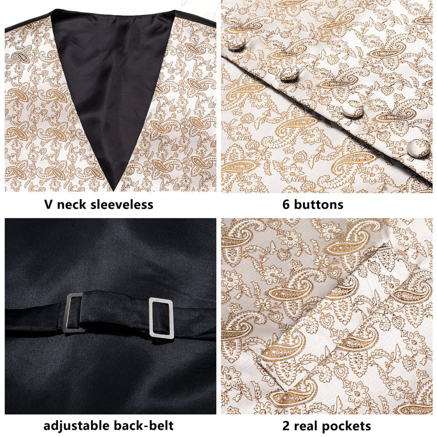 New Champagne White Paisley Jacquard Silk Vest Set vest set    - Sophisticated Gentlemen