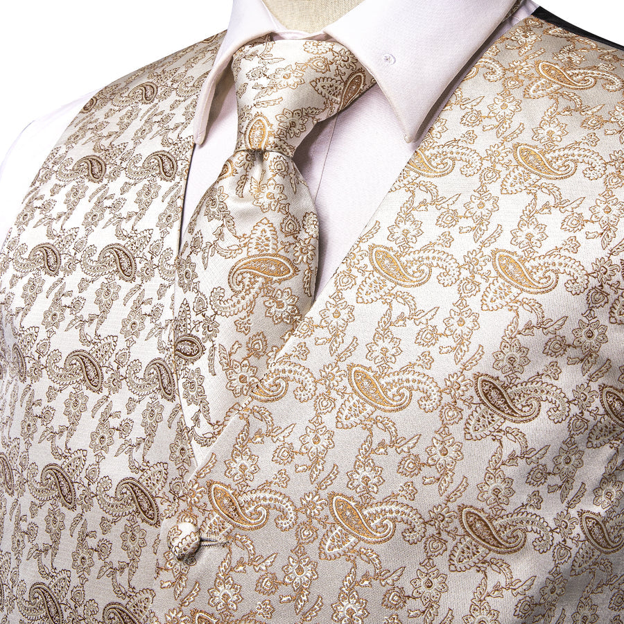 New Champagne White Paisley Jacquard Silk Vest Set vest set    - Sophisticated Gentlemen