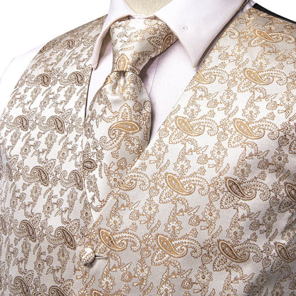 New Champagne White Paisley Jacquard Silk Vest Set vest set    - Sophisticated Gentlemen