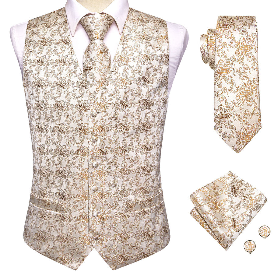 New Champagne White Paisley Jacquard Silk Vest Set vest set    - Sophisticated Gentlemen