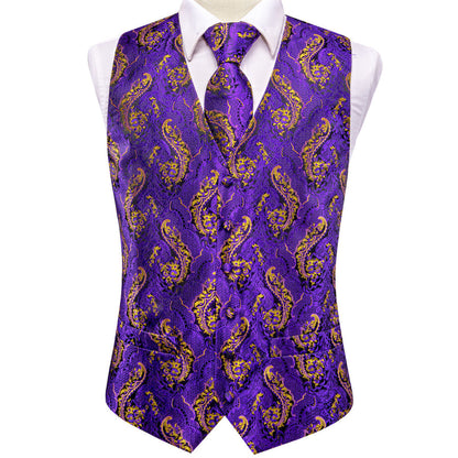 Purple and Gold Paisley Silk Vest Set vest set    - Sophisticated Gentlemen