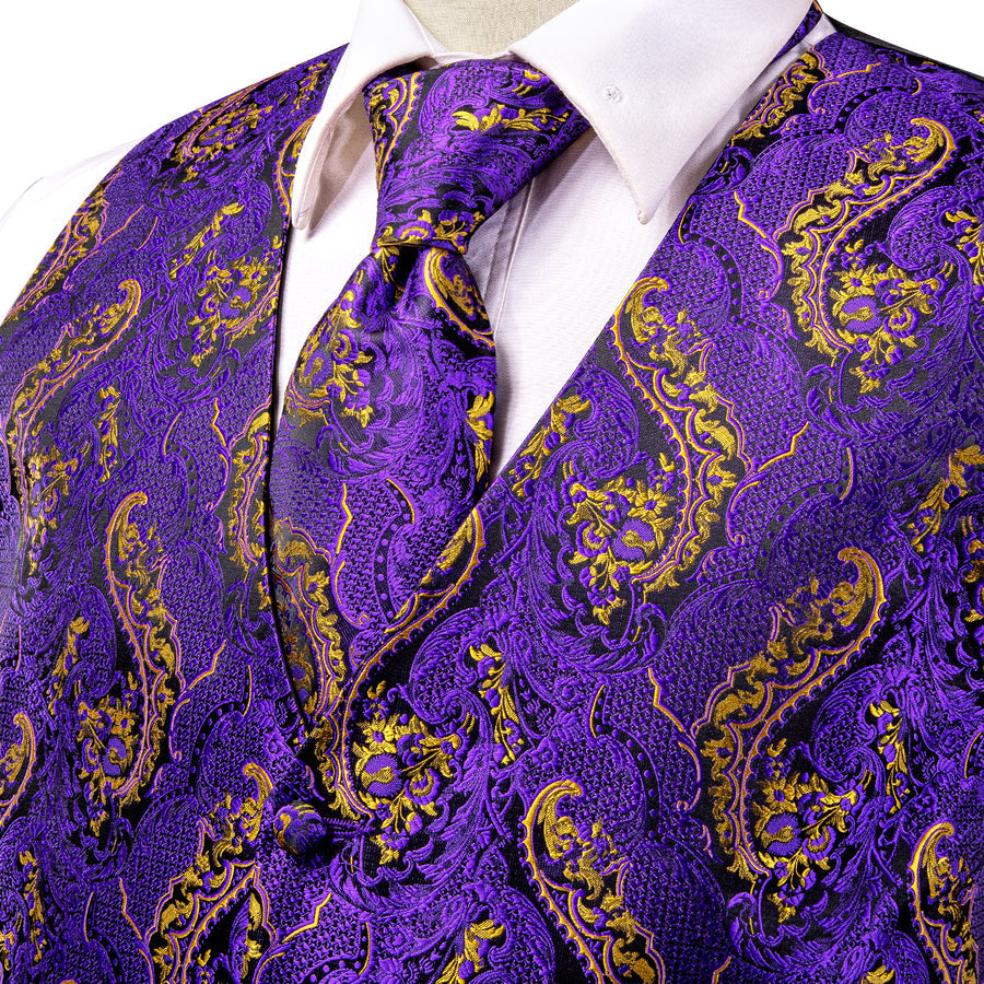 Purple and Gold Paisley Silk Vest Set vest set    - Sophisticated Gentlemen