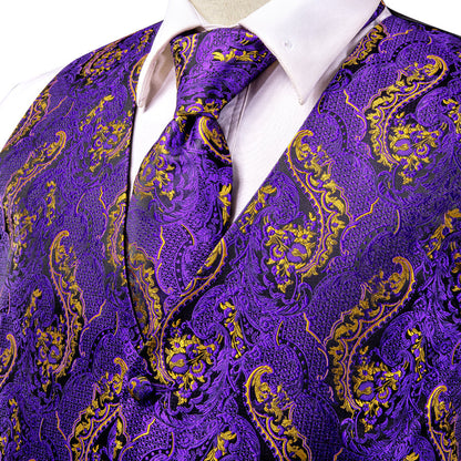 Purple and Gold Paisley Silk Vest Set vest set    - Sophisticated Gentlemen