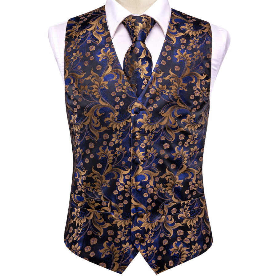 Royal Blue Floral Jacquard Silk Vest Set vest set    - Sophisticated Gentlemen