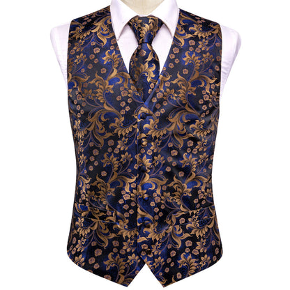 Royal Blue Floral Jacquard Silk Vest Set vest set    - Sophisticated Gentlemen