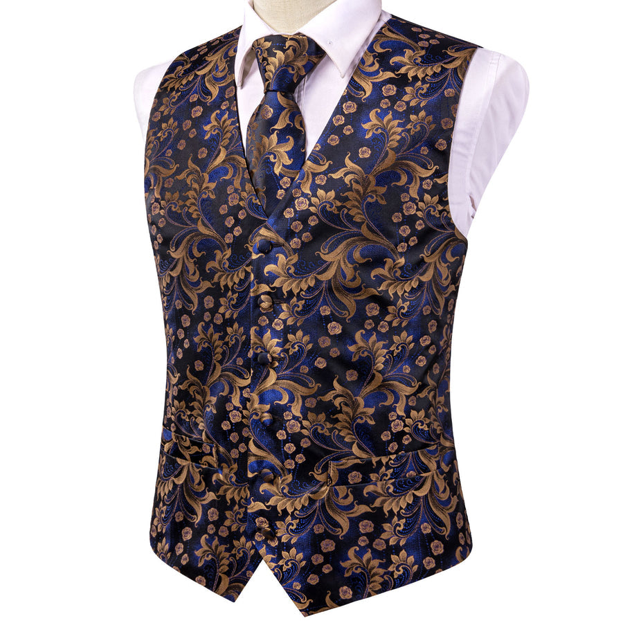 Royal Blue Floral Jacquard Silk Vest Set vest set    - Sophisticated Gentlemen