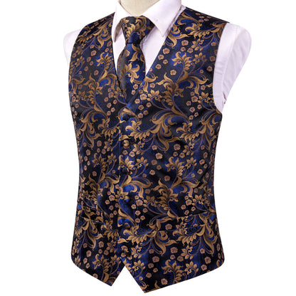 Royal Blue Floral Jacquard Silk Vest Set vest set    - Sophisticated Gentlemen