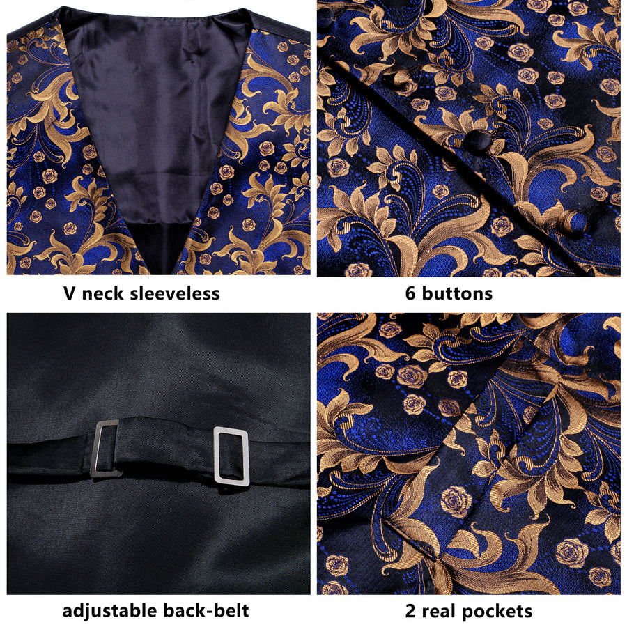 Royal Blue Floral Jacquard Silk Vest Set vest set    - Sophisticated Gentlemen