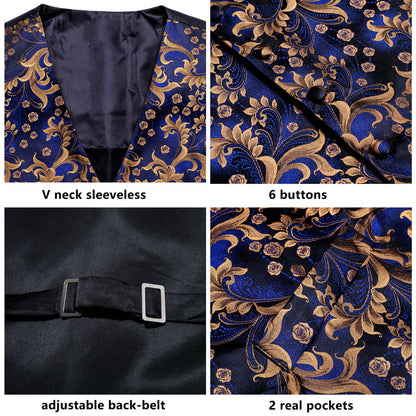 Royal Blue Floral Jacquard Silk Vest Set vest set    - Sophisticated Gentlemen