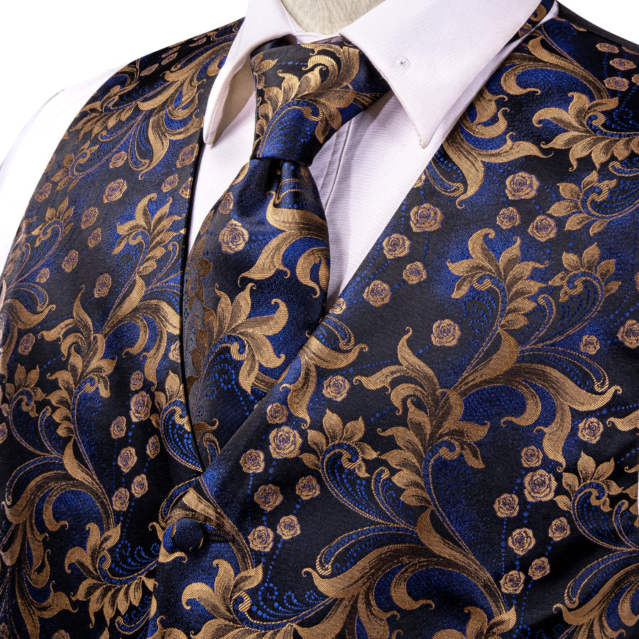 Royal Blue Floral Jacquard Silk Vest Set vest set    - Sophisticated Gentlemen