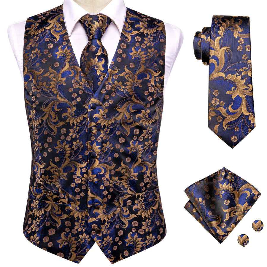 Royal Blue Floral Jacquard Silk Vest Set vest set    - Sophisticated Gentlemen