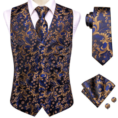 Royal Blue Floral Jacquard Silk Vest Set vest set    - Sophisticated Gentlemen