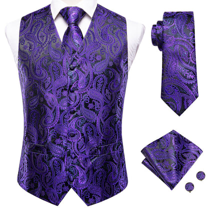 Purple and Black Paisley Silk Vest Set vest set    - Sophisticated Gentlemen