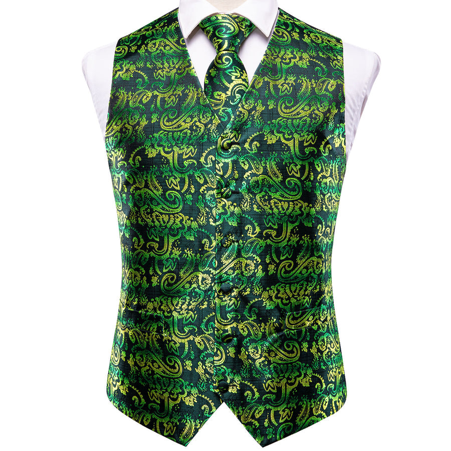 Dark Green Paisley Jacquard Silk Men's Vest Set vest set    - Sophisticated Gentlemen