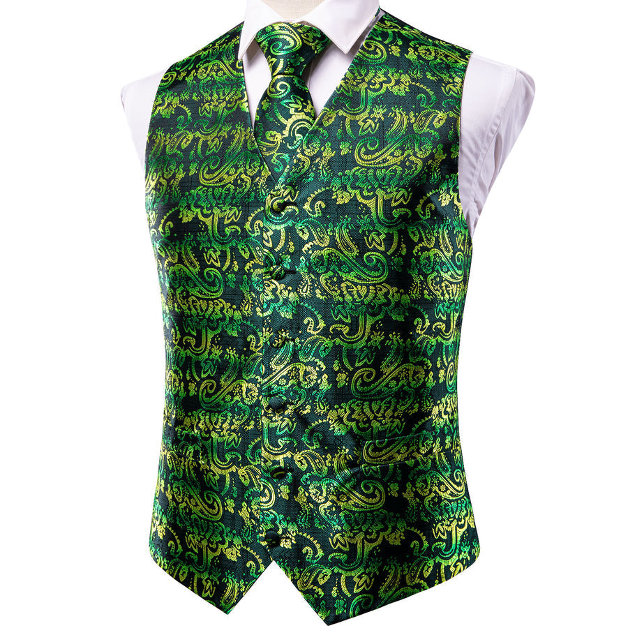 Dark Green Paisley Jacquard Silk Men's Vest Set vest set    - Sophisticated Gentlemen