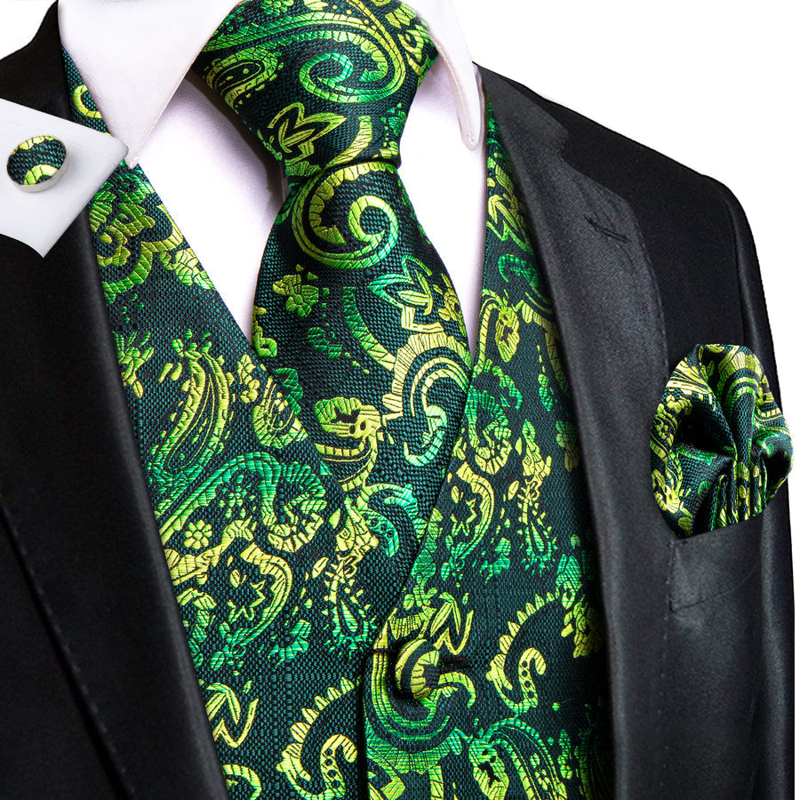 Dark Green Paisley Jacquard Silk Men's Vest Set vest set S (Chest 40")   - Sophisticated Gentlemen