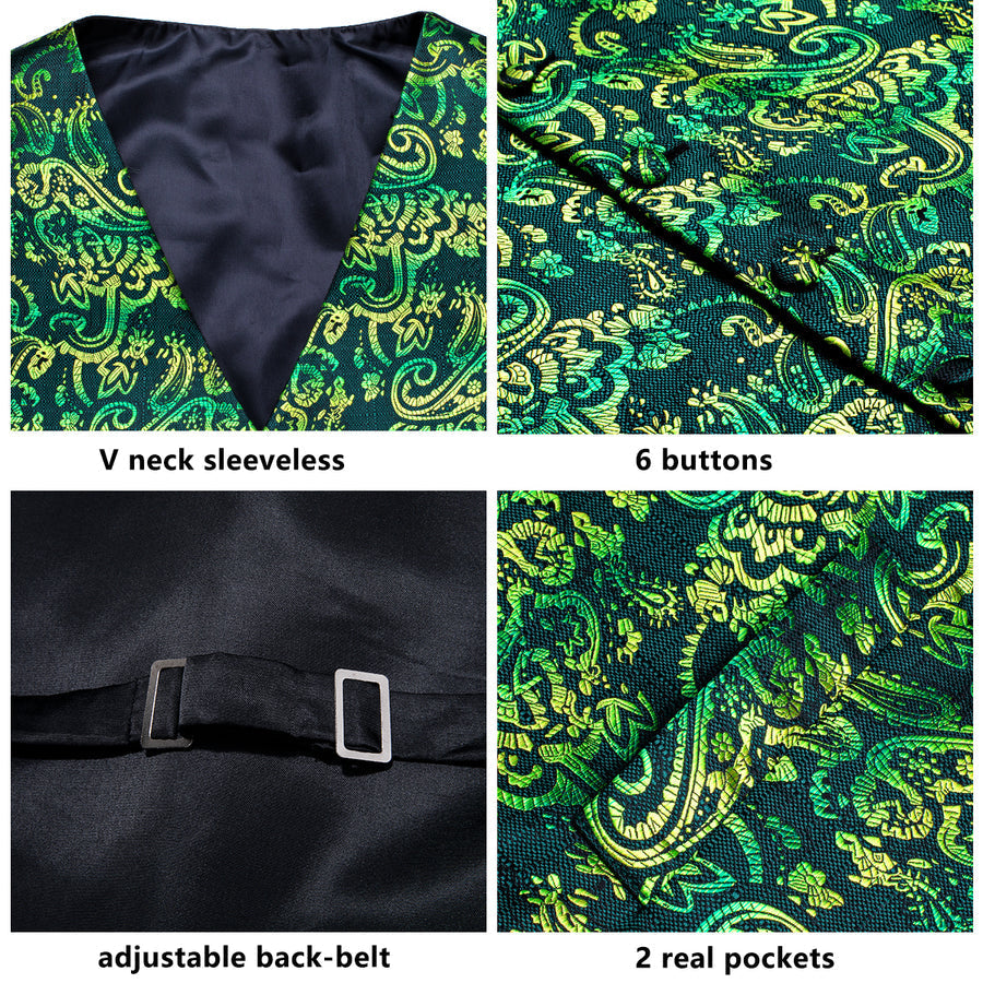 Dark Green Paisley Jacquard Silk Men's Vest Set vest set    - Sophisticated Gentlemen