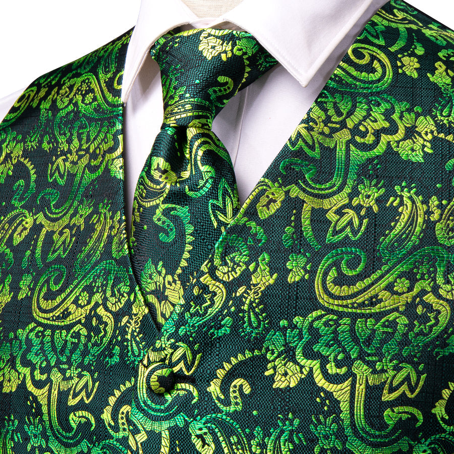 Dark Green Paisley Jacquard Silk Men's Vest Set vest set    - Sophisticated Gentlemen