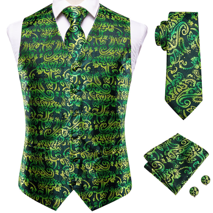 Dark Green Paisley Jacquard Silk Men's Vest Set vest set    - Sophisticated Gentlemen