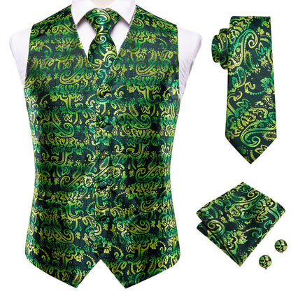 Dark Green Paisley Jacquard Silk Men's Vest Set vest set    - Sophisticated Gentlemen
