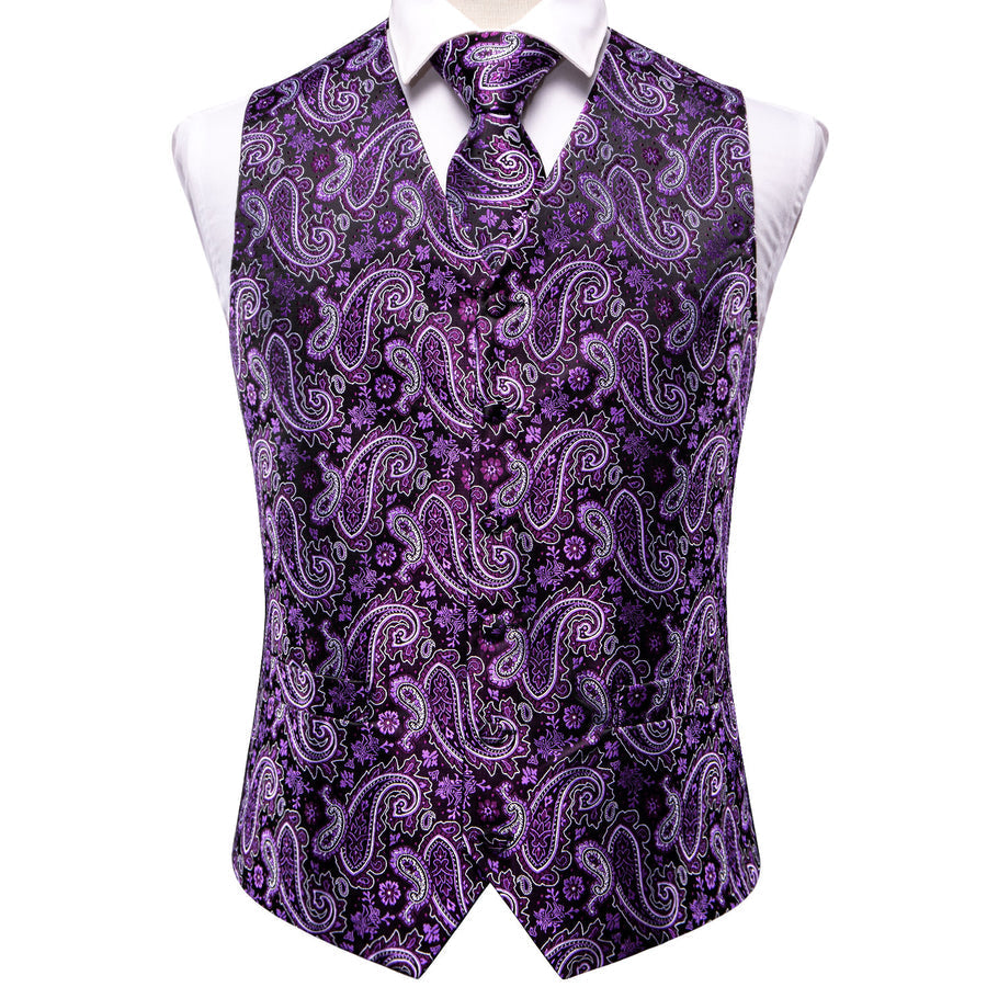 Dark Purple Paisley Jacquard Silk Vest Set vest set    - Sophisticated Gentlemen