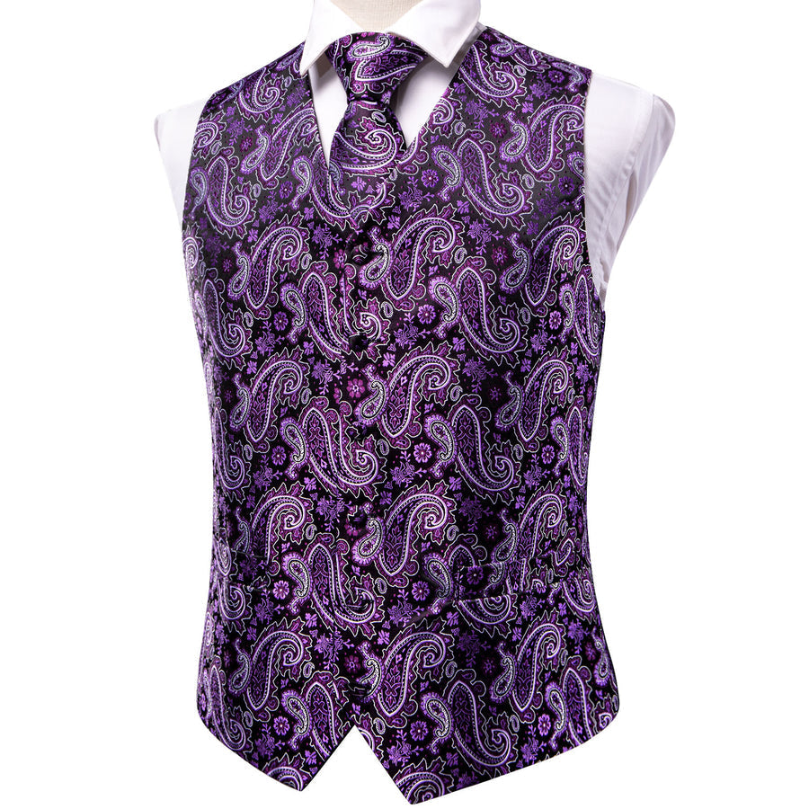 Dark Purple Paisley Jacquard Silk Vest Set vest set    - Sophisticated Gentlemen