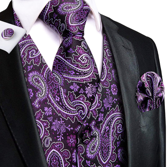 Dark Purple Paisley Jacquard Silk Vest Set vest set S (Chest 40")   - Sophisticated Gentlemen
