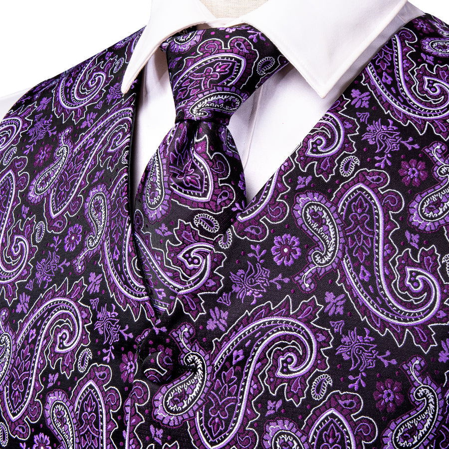 Dark Purple Paisley Jacquard Silk Vest Set vest set    - Sophisticated Gentlemen