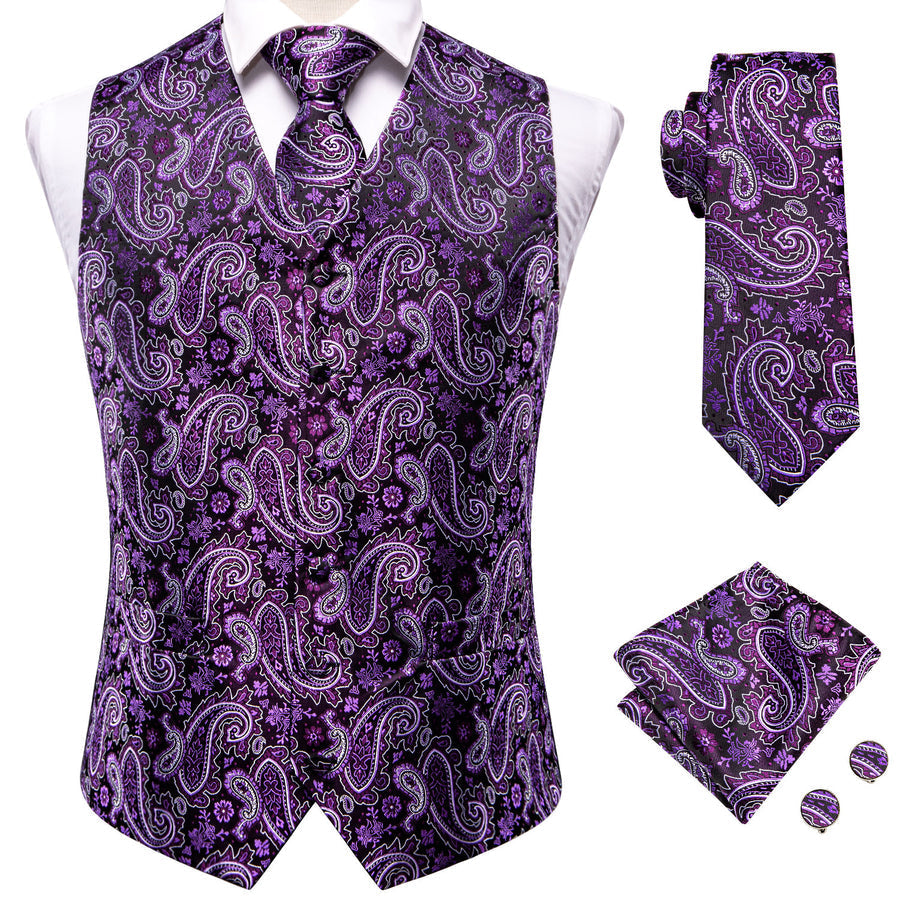 Dark Purple Paisley Jacquard Silk Vest Set vest set    - Sophisticated Gentlemen