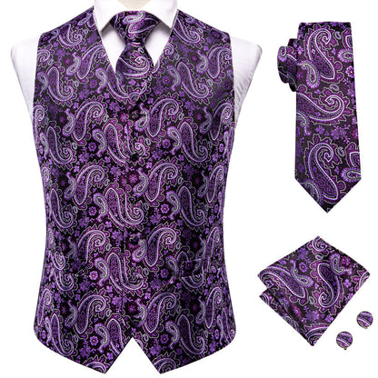 Dark Purple Paisley Jacquard Silk Vest Set vest set    - Sophisticated Gentlemen