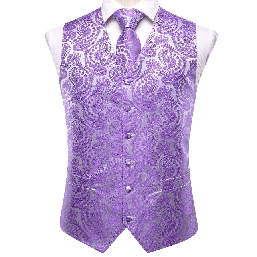 Silver Purple Paisley Jacquard Silk Vest Set vest set    - Sophisticated Gentlemen