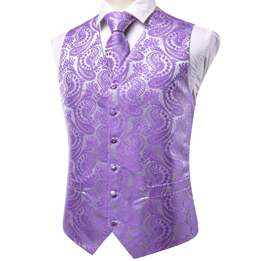 Silver Purple Paisley Jacquard Silk Vest Set vest set    - Sophisticated Gentlemen