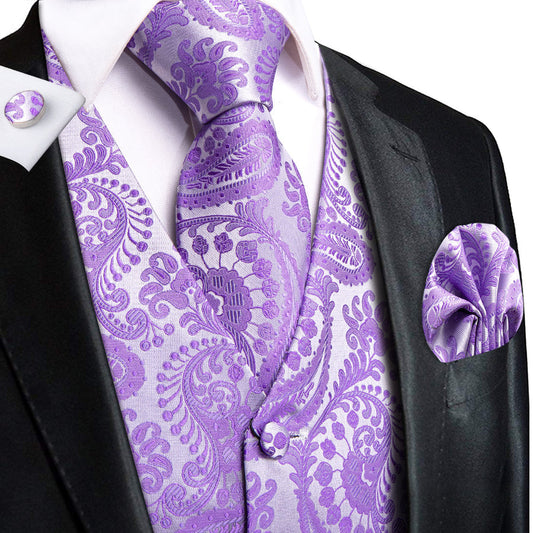 Silver Purple Paisley Jacquard Silk Vest Set vest set S (Chest 40")   - Sophisticated Gentlemen