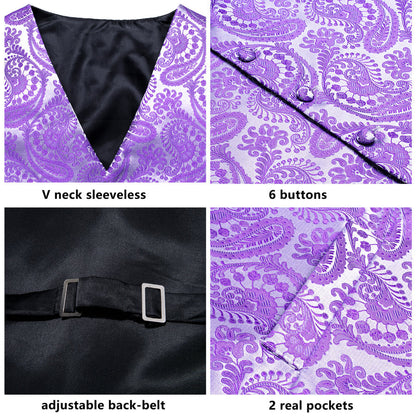Silver Purple Paisley Jacquard Silk Vest Set vest set    - Sophisticated Gentlemen