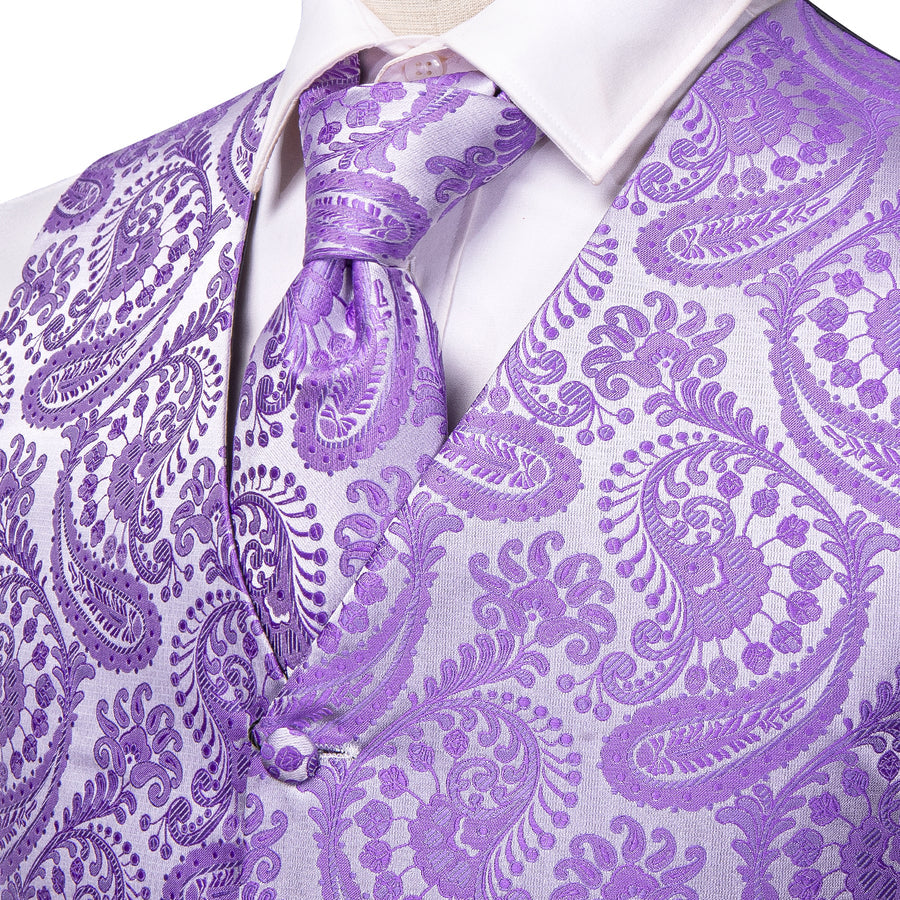Silver Purple Paisley Jacquard Silk Vest Set vest set    - Sophisticated Gentlemen